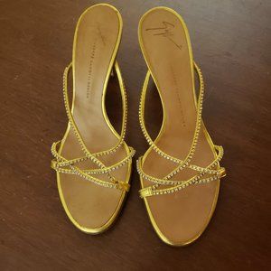 Giuseppe Zanotti Crystal Gold Leather Heel Strappy Sandals